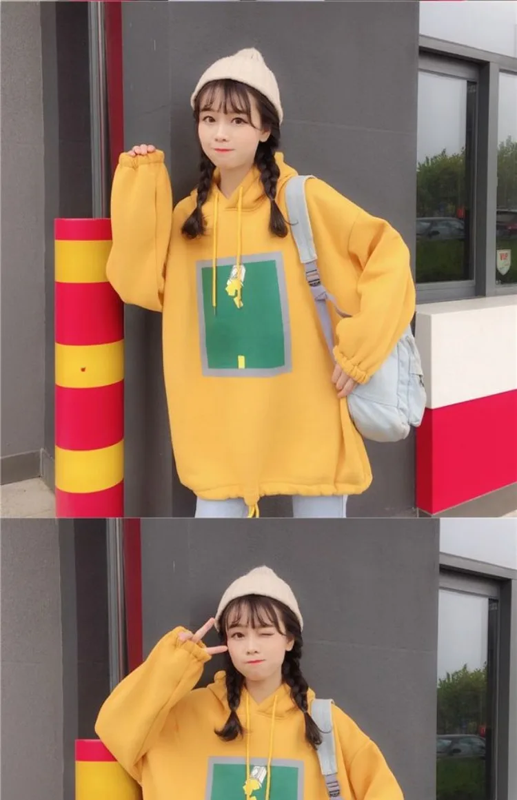 YouGeMan зимние женские желтые толстовки Harajuku с длинным рукавом с капюшоном флисовая толстовка пальто Женская толстовка