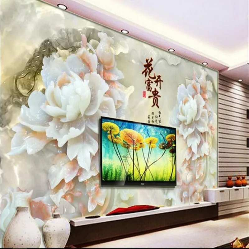 

beibehang Large Custom Wallpaper HD Jade Carving Peony Flower Mural Painting TV Living Room Background Home Decoration
