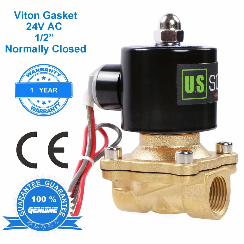 

U.S. Solid 1/2'' Brass Electric Solenoid Valve 24V AC Normally Closed Viton Gasket Air, Gas, Fuel, NPT / G Thread