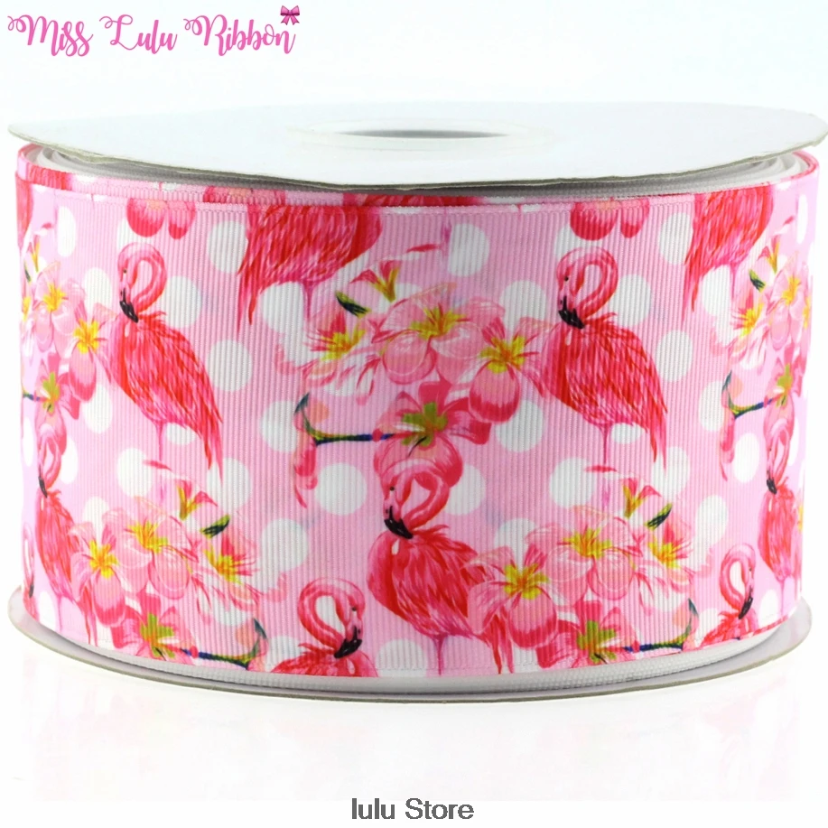 3&quot75mm polka dots flower and pink flamingo printed grosgrain ribbon 7/8&quot 1-1/2&quot handmade sewing elastic decoration band | Дом и