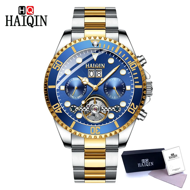 HAIQIN Новые Роскошные автоматические механические часы для мужчин Tourbillon нержавеющая сталь наручные часы водонепроницаемые мужские часы Relogio Masculino - Цвет: Gold Blue