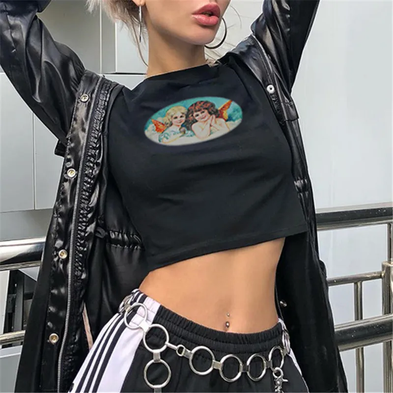 Харадзюку Ангел печати Черный Белый укороченный Топ для женщин короткий рукав