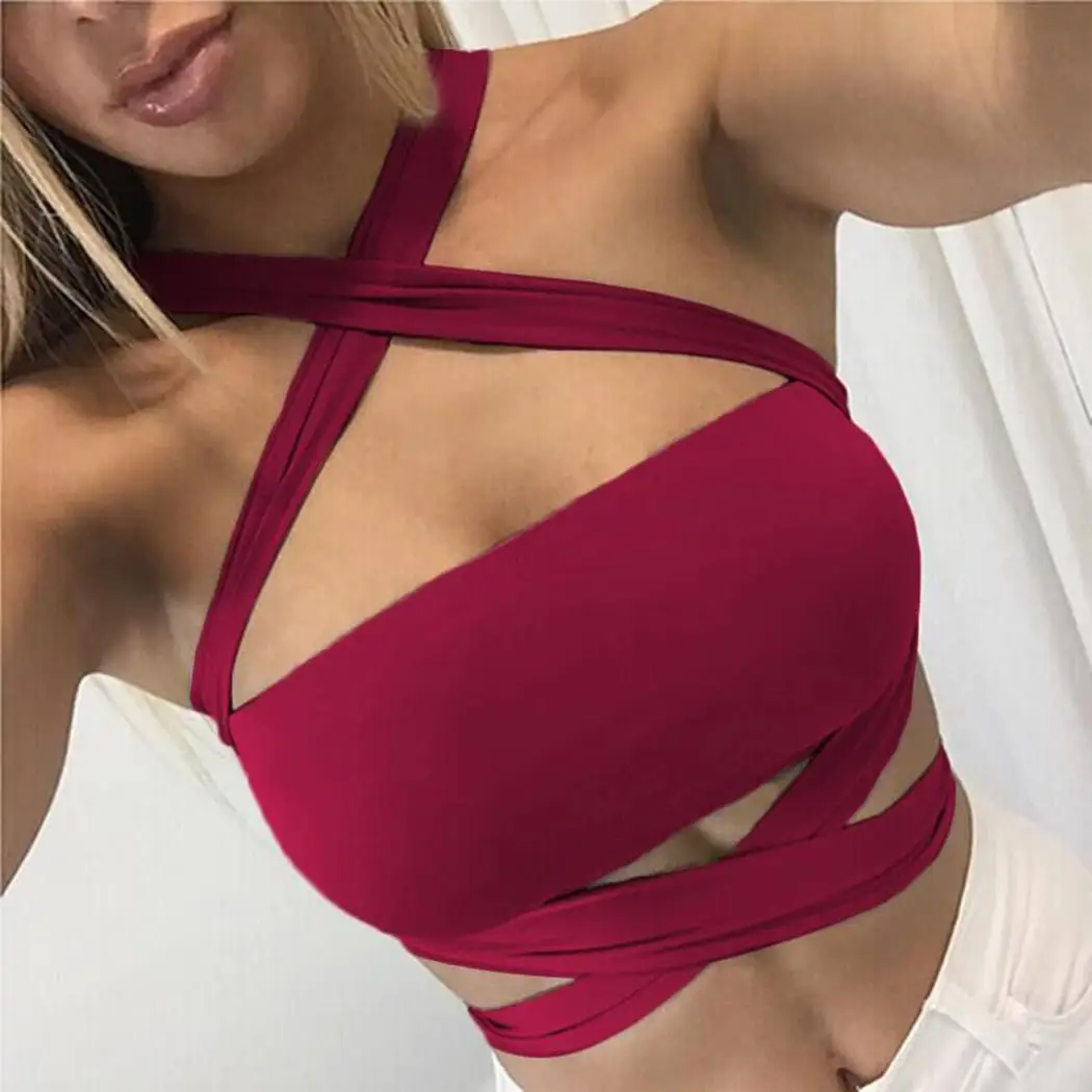 Red Камзол, укороченный топ, женские укороченные топы, сексуальные, на шнуровке, Холтер, бандаж, крест, без рукавов, вечерние Топики, однотонный короткий женский летний топ - Цвет: Red