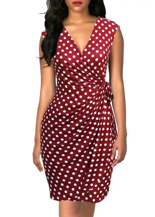 6028 Red Dots Berydress, винтажное женское платье, в горошек, с коротким рукавом, черное, с запахом, Vestidos, облегающее, облегающее, миди, летнее, Драпированное, вечерние, платье - Цвет: 6028 Red Dots