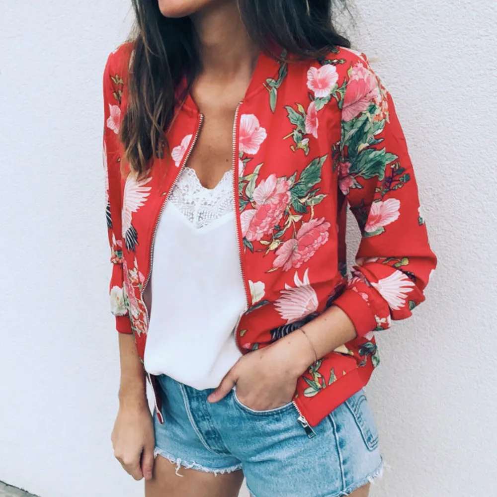 Womens Ladies Retro Floral Zipper Up Bomber Jacket Casual Coat Outwear Oversized Hoodie Vetement Femme 2021 Одежда Для