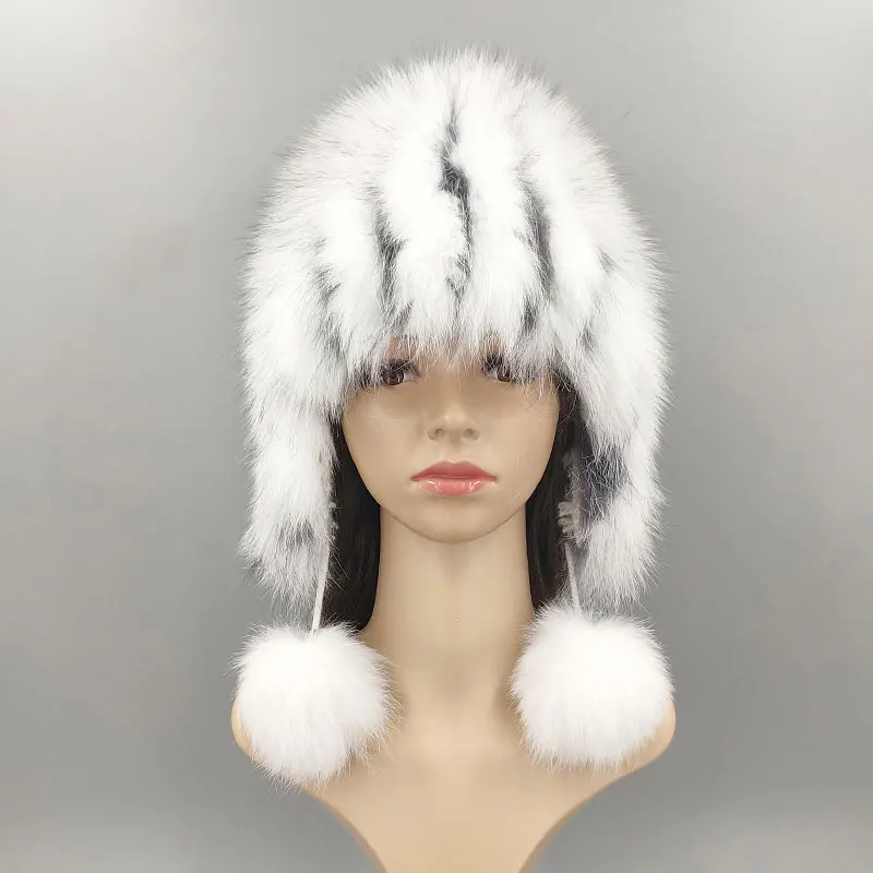 03 Blue Fox Горячая Распродажа из натуральной черно-бурой лисицы меховая шапка женская зимняя вязаная шапочка Женская шапка из лисьего меха бомберка женская шапка с ушками теплая зимняя - Color: 03 Blue Fox