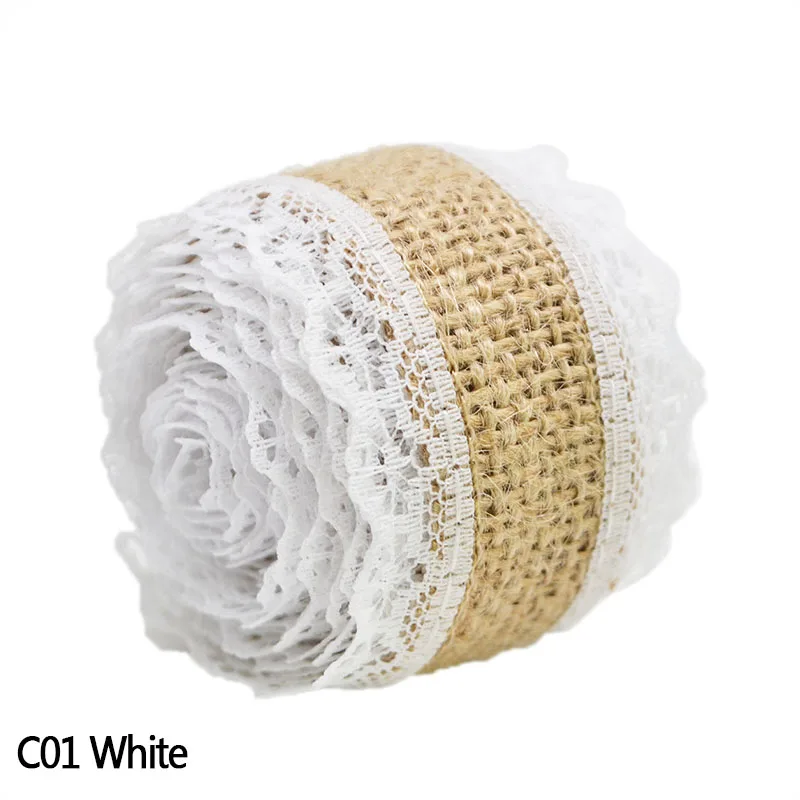C01 White 2 м/рулон многоцветная джутовая кружевная лента деревенские свадебные украшения из натурального кружева обрезанная лента джутовые мешковины поделки на Рождество - Цвет: C01 White