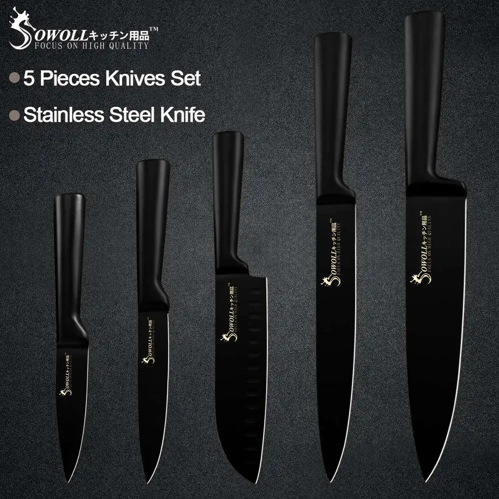 B.5PCS SET Sowoll 6 шт. набор кухонных ножей из нержавеющей стали, полностью черные ручки, бесшовный сварочный нож для нарезки хлеба Santoku, нож для очистки овощей - Цвет: B.5PCS SET
