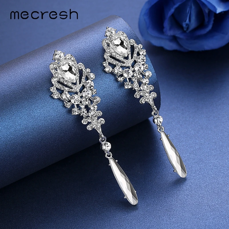 Женские серьги сердечко серебряного цвета Mecresh длинные с кристаллами для