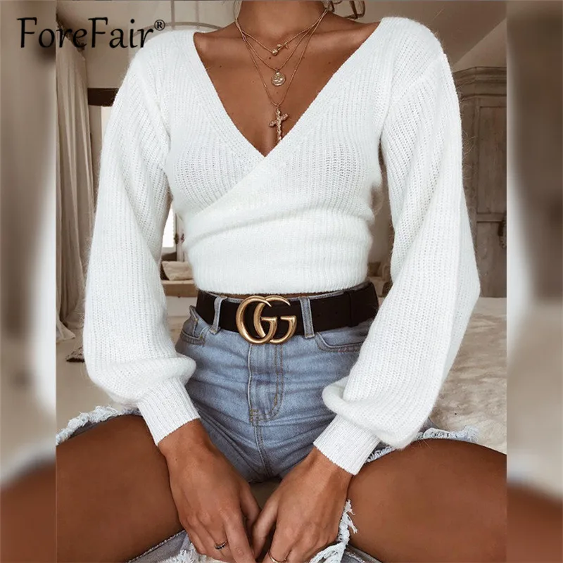 Женский вязаный свитер Forefair белый облегающий Топ с длинным рукавом и треугольным