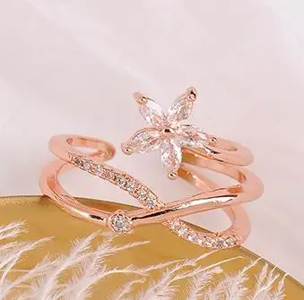 rose gold color Новинка, кольца для женщин, Сияющий циркон, цветок, крест-накрест, Открытое кольцо, регулируемое ювелирное изделие, розовое золото/серебро - Main Stone Color: rose gold color
