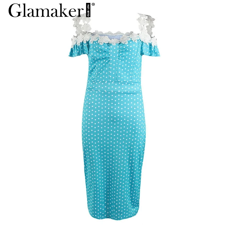 Glamaker, сексуальное женское платье миди в горошек, весна-лето, элегантное облегающее платье, женское Клубное платье с коротким рукавом-фонариком, Пляжное Платье для вечеринки - Цвет: Синий