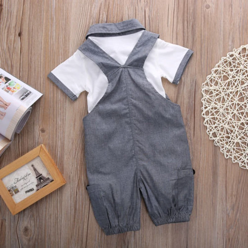 Newborn Toddler Baby Boys Summer 2PCS Sets Short Sleeve Turn-Down Collar Color Patchwork T-Shirts Solid Overalls Outfit 0-24M |