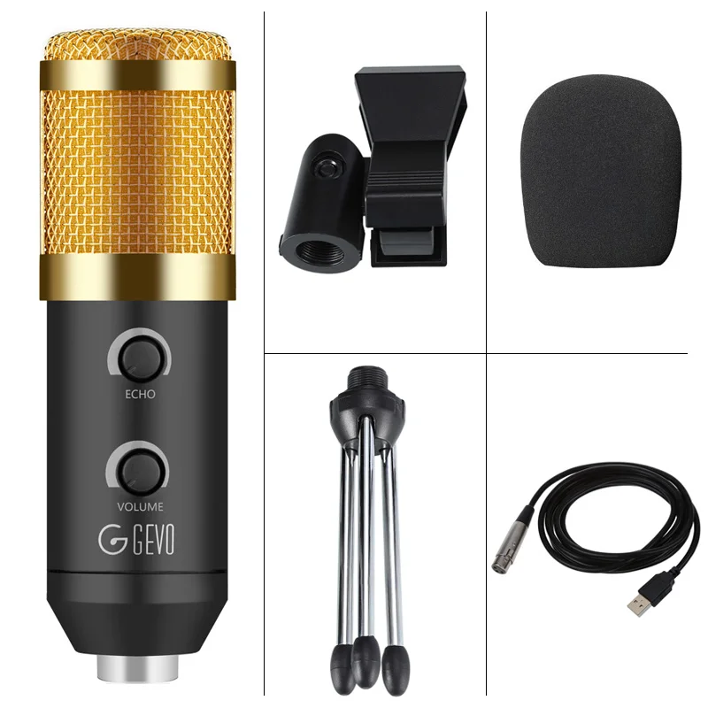 Gold With Tripod GEVO BM 900 USB микрофон конденсаторный студийный с подставкой штатив и поп-фильтр микрофон для компьютера караоке ПК обновлен от BM 800 - Цвет: Gold With Tripod
