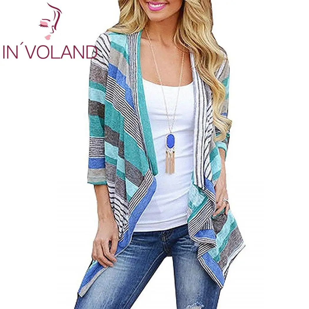 Women Cardigans Autumn Spring Casual 3/4 Sleeve Patchwork Asymmetry Hem Red Blue Long Cardigan Summer BOHO Beach Female |