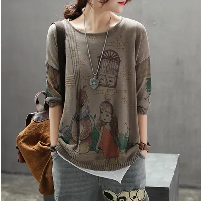 Весенне-осенняя футболка в стиле ретро женские свободные вязаные пуловеры новые