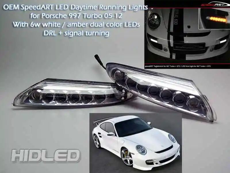 

Светодиодные дневные ходовые огни DRL, белые и янтарные двухцветные ДХО сигнал поворота для 07-12 911 997 GT2 Turbo