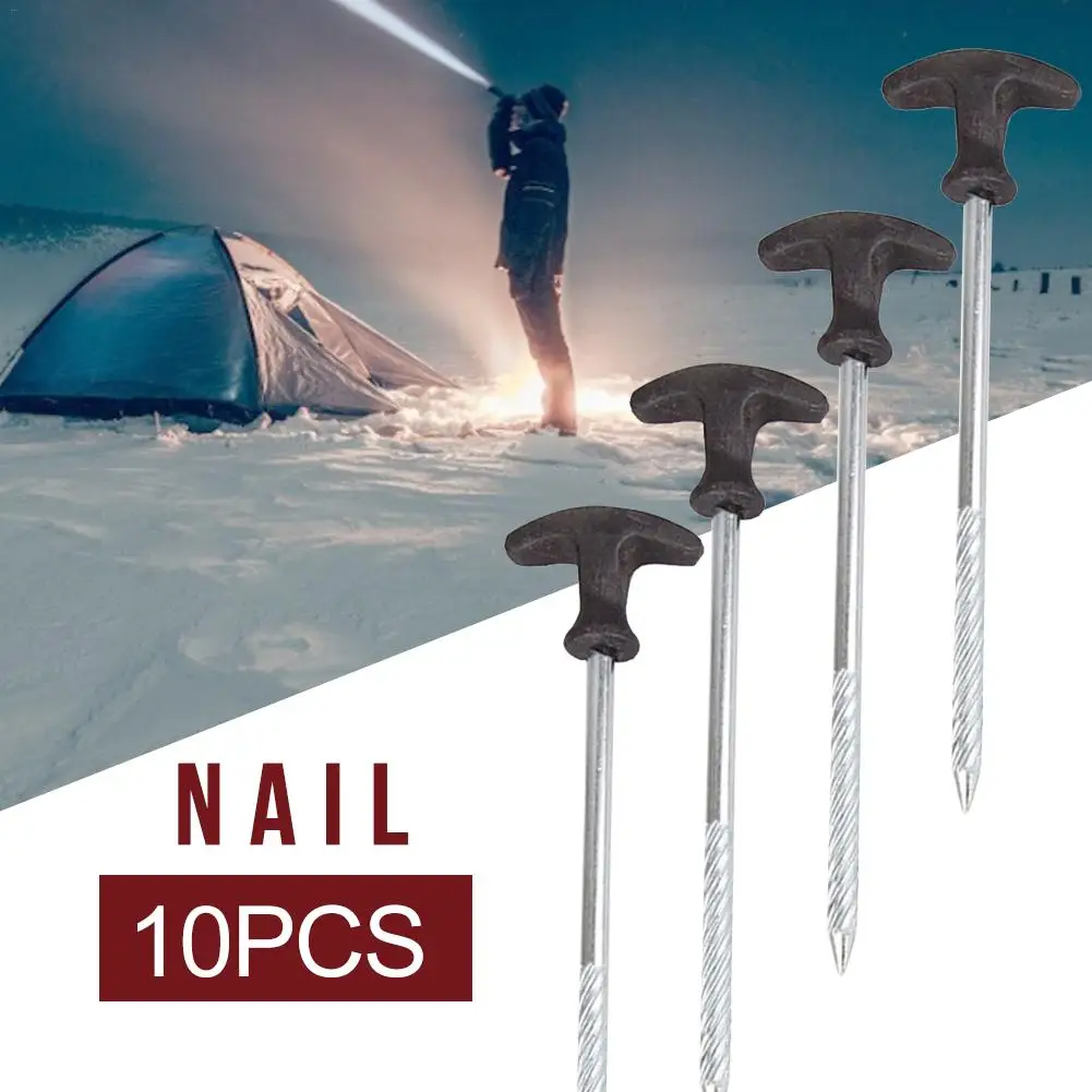 

10Pcs Stainless Steel Spiral Tent Nails Windproof Canopy Frozen Soil Ice Surface Drilling Long Bold T-shaped Nails