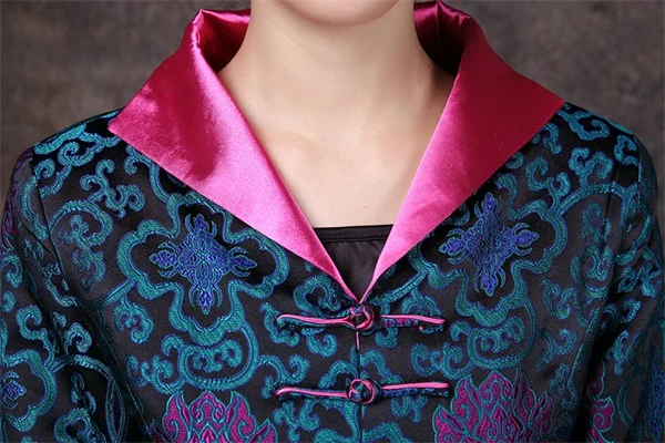 Синяя китайская женская атласная длинная куртка со скидкой классический стиль v