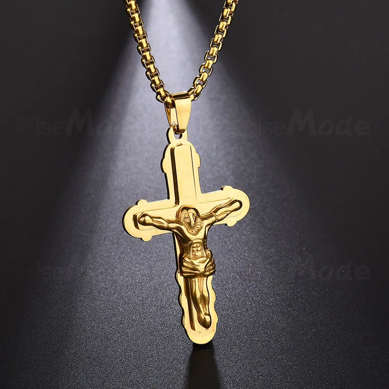 ELSEMODE Cross Necklace Crucifix Pendant Gold Color 316L Stainless Steel Catholic Chain Necklace&ampPendants for Men Jewelry Gift |