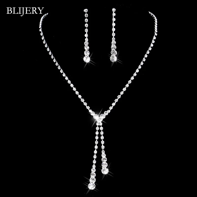 42J01 BLIJERY, Модные Ювелирные наборы для невесты, посеребренные кристаллы, длинные висячие ожерелья, серьги для женщин, свадебные ювелирные наборы - Окраска металла: 42J01