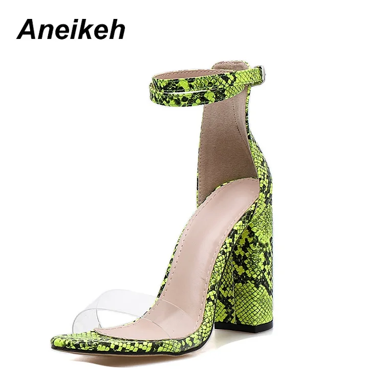 Aneikeh/ г., летние босоножки из искусственной кожи женские прозрачные босоножки на высоком квадратном каблуке повседневные Size35-40 с пряжкой в полоску зеленого и белого цветов - Цвет: Green