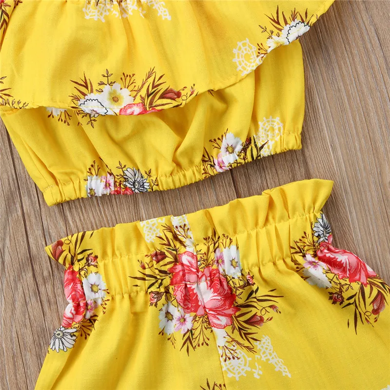 Emmababy Summer Cute Kids 2pcs Clothes Toddler Baby Girl Floral Ruffled Off shoulder Top Vest+Shorts Outfits Set | Детская одежда и