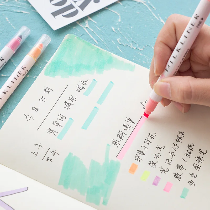 

12 pcs Mild color Highlighter pen Dual-side writing Fluorescent Marker for drawing liner Stationery Office School supplies A6103