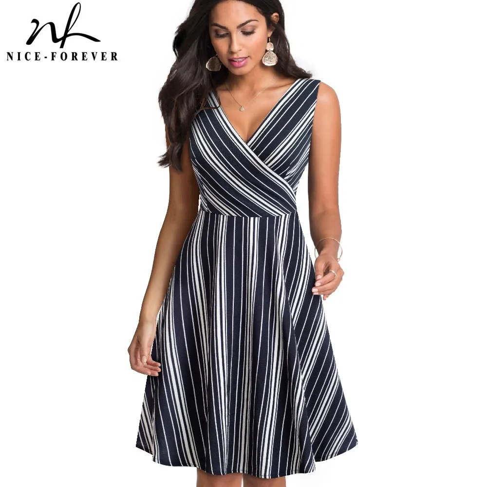Nice-forever Винтаж полосы печатных сексуальный v-образный вырез кинозвезды vestidos