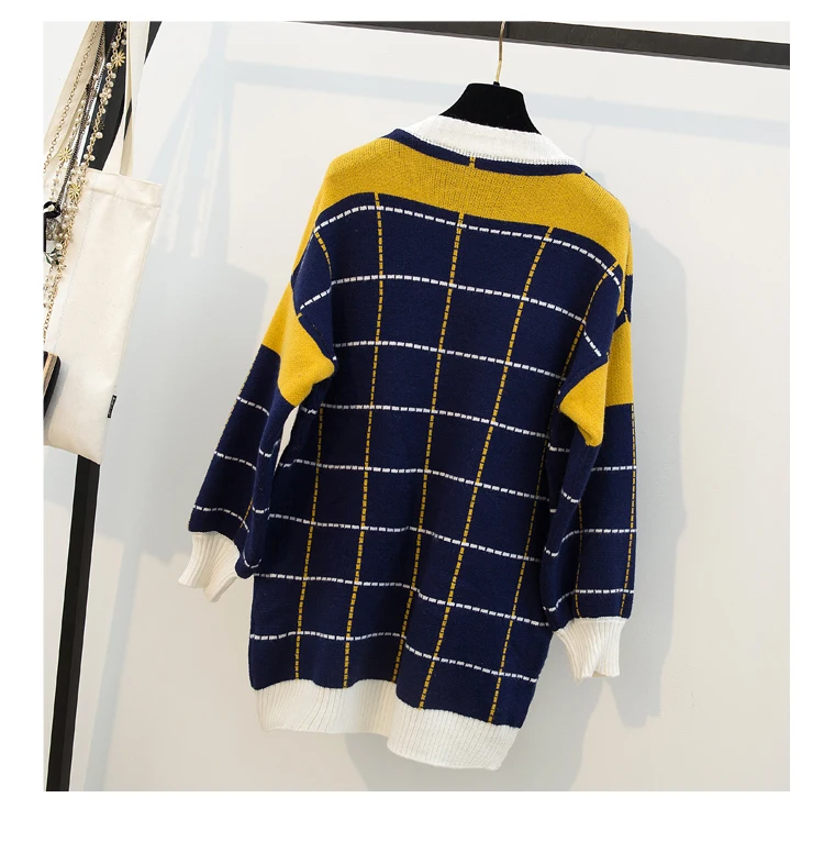 Осенне-зимний новый уличный модный клетчатый длинный свитер контрастных цветов