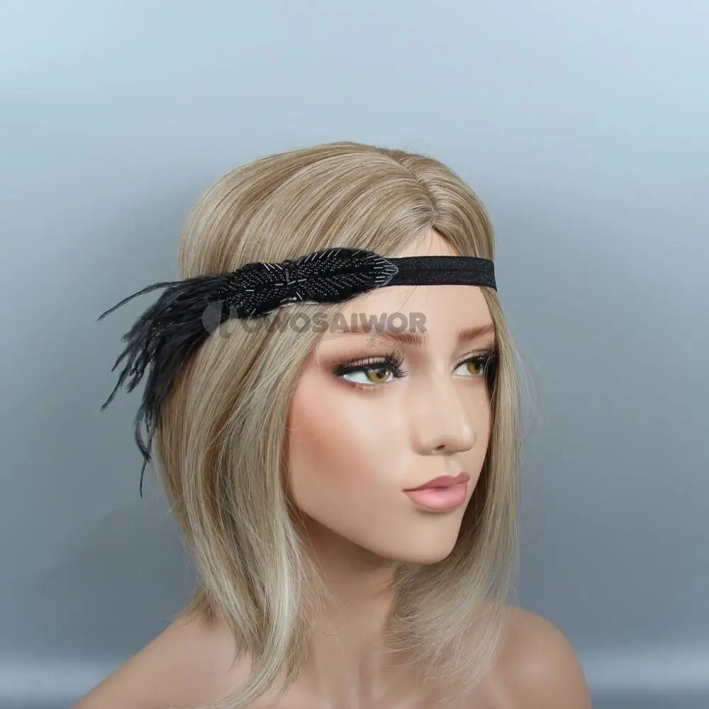 New Design Black Crystal Beading Feather Bridal Headpiece Flapper Headband Gatsby Pageant Party Wedding Hair Jewelry |