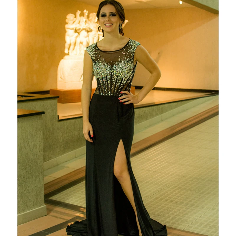 Сексуальные Спандекс Черное Вечернее Платье с Боковыми Разрезами 2017 Кристаллы