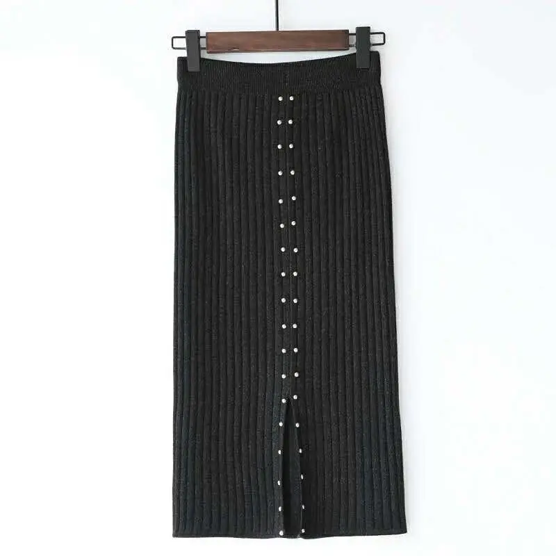 

2018 Autumn Winter Long Beading Knitting Women Skirts Female Knit Causal Oversize Slim Split Warm Thicken Solid Color Skirts F2