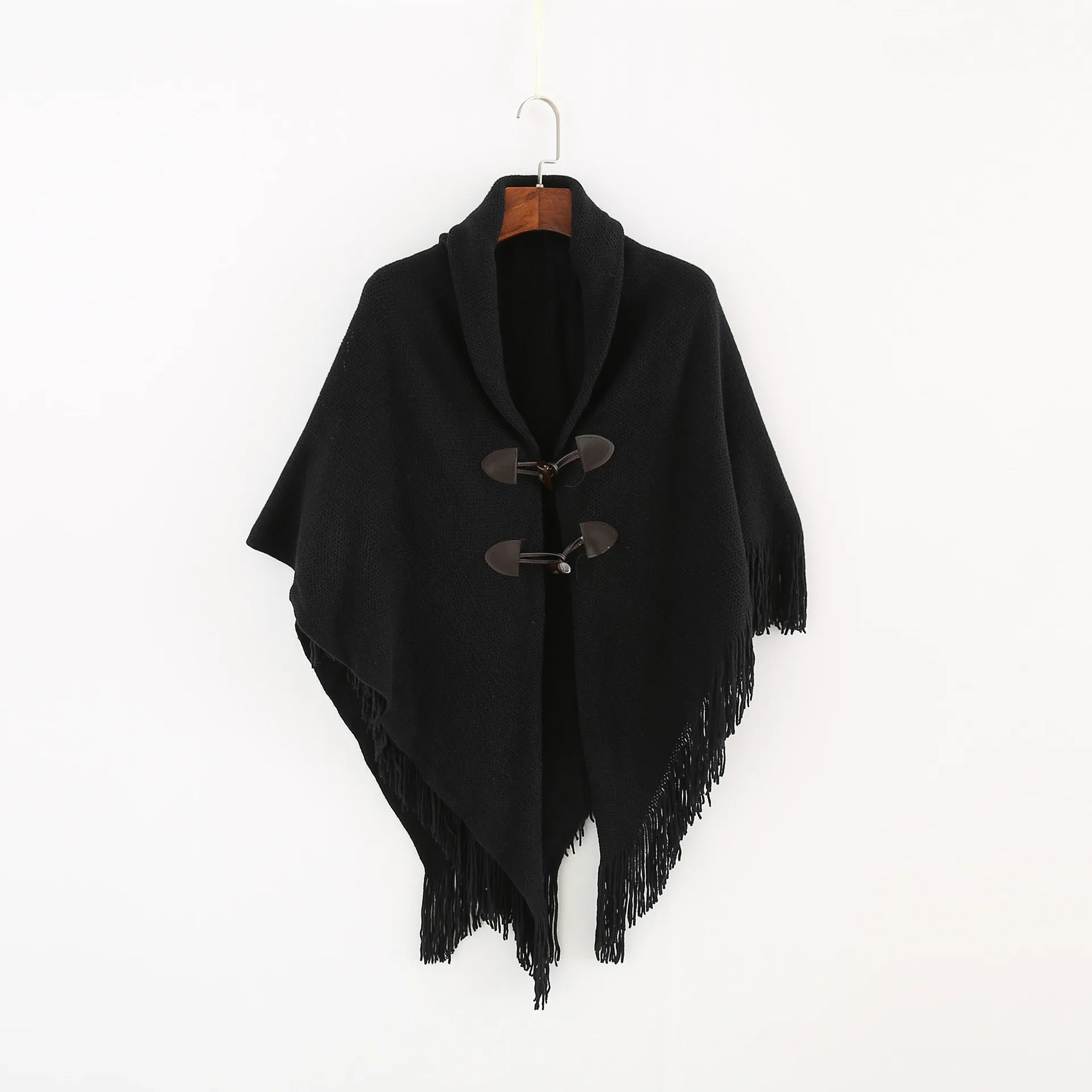 

Oversized Women European Weave Tassel Winter Poncho Capes Shawl Cardigans Knitted Sweater Coat Irregular Retro Black Partywear