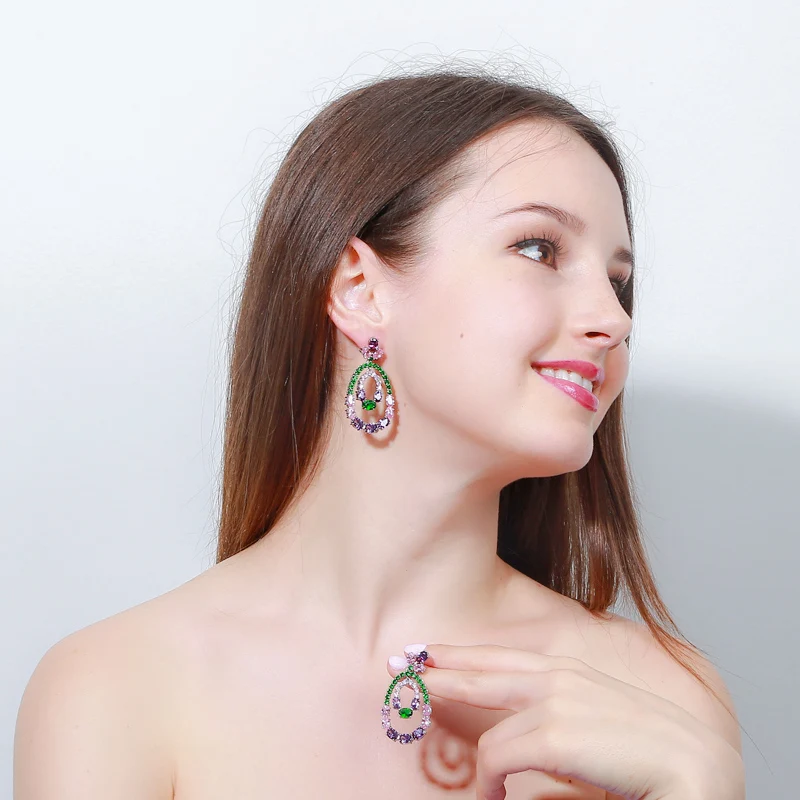 Женские серьги-капельки ThreeGraces розовые/фиолетовые/зеленые длинные серьги с