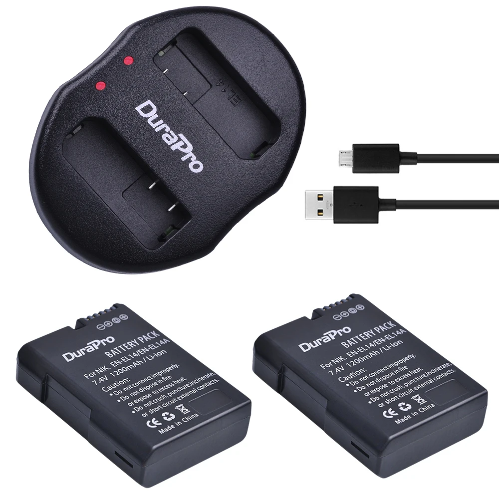 DuraPro 2Pc 1200mAH EN EL14 батарея + двойное зарядное устройство для Nikon EOS D5500 D5300 D3300 D5100 D5200