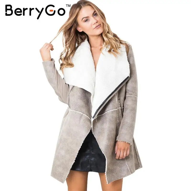 BerryGo замшевое пальто из овечьей шерсти для женщин 2018 осень зима теплое длинное на