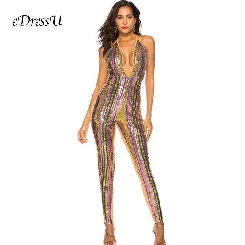 Женские комбинезоны с блестками вечерние глубоким v образным вырезом и открытой