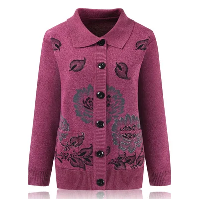 Pink red color Свитер для женщин среднего и старшего возраста, кардиган, весна-осень, свободный принт, трикотажное пальто, большой размер, вязаный кардиган, Пальто 4XL - Цвет: Pink red color