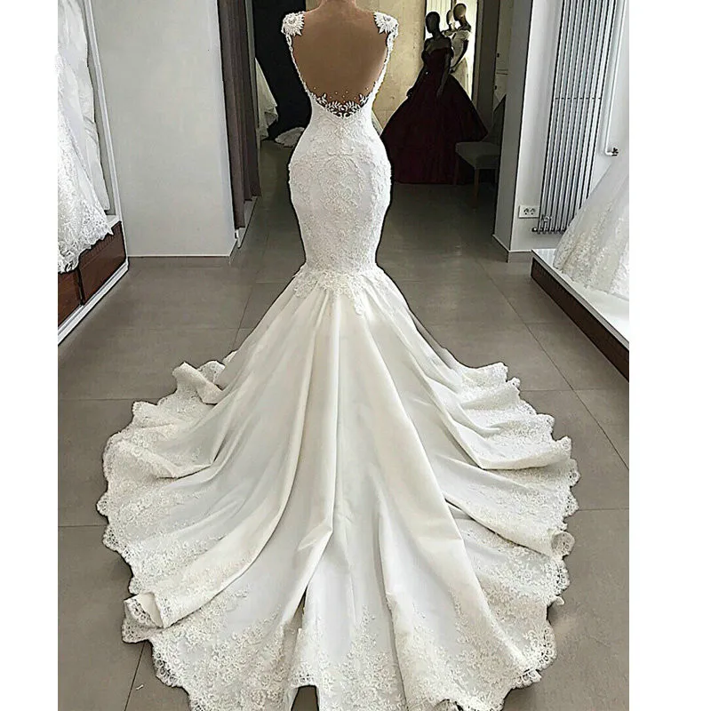 Свадебное платье vestido de noiva, сексуальное прозрачное платье Русалочки с открытой спиной, бисером, кружевное атласное платье с v-образным вырезом, цвета слоновой кости, белое, настоящее свадебное платье 20190705