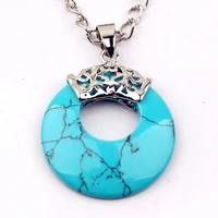 fyjs unique jewelry silver plated round hollow vintage pendant blue turquoises stone necklace
