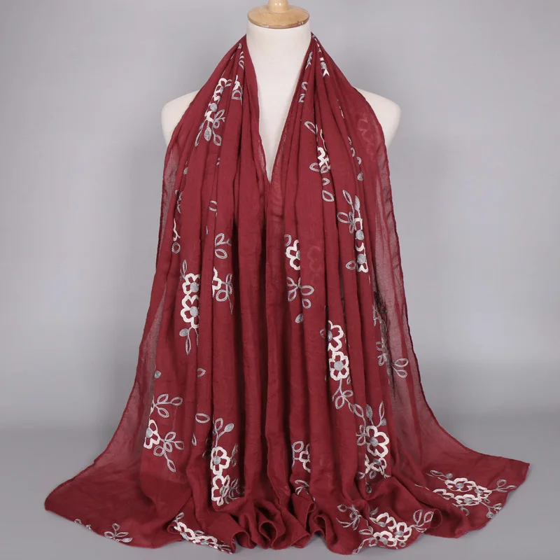 wine red Hijabs вышитый шарф вискоза, хлопок мусульманский хиджаб крышка головы бандана mujer саронг простой палантин накидка-палантин шали - Цвет: wine red