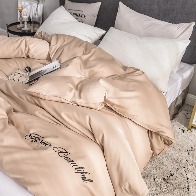 Простой однотонный пододеяльник из египетского хлопка с вышивкой 600TC | Дом и сад