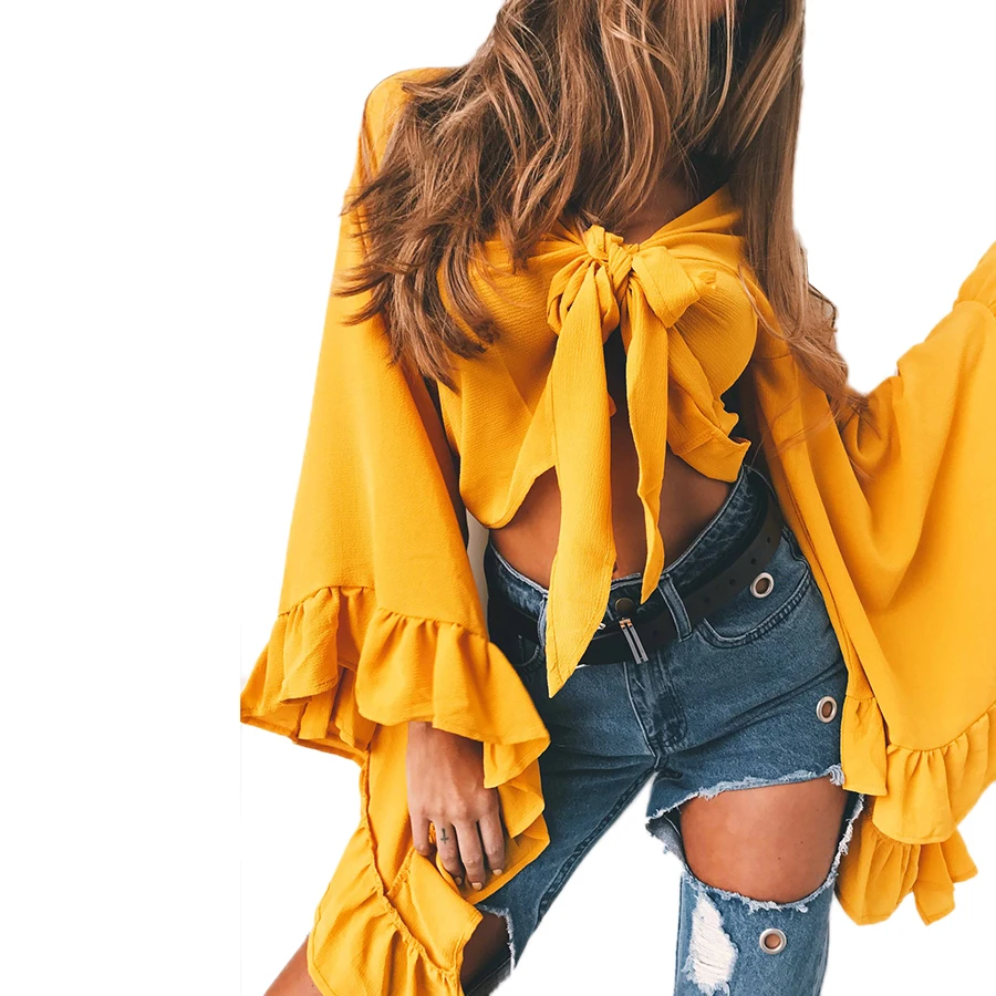 Bell Sleeve спереди галстук-бабочка талии Женщины блузка 2018 летняя с запахом рубашка