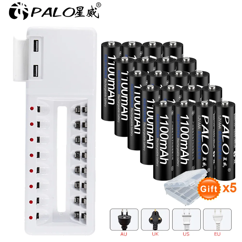 PALO 8 шт AAA 1,2 V Ni-MH аккумуляторная батарея+ 2 USB интерфейс зарядное устройство для AA AAA Ni-CD Ni-MH 1,2 V аккумуляторная батарея - Цвет: 20pcs and charger
