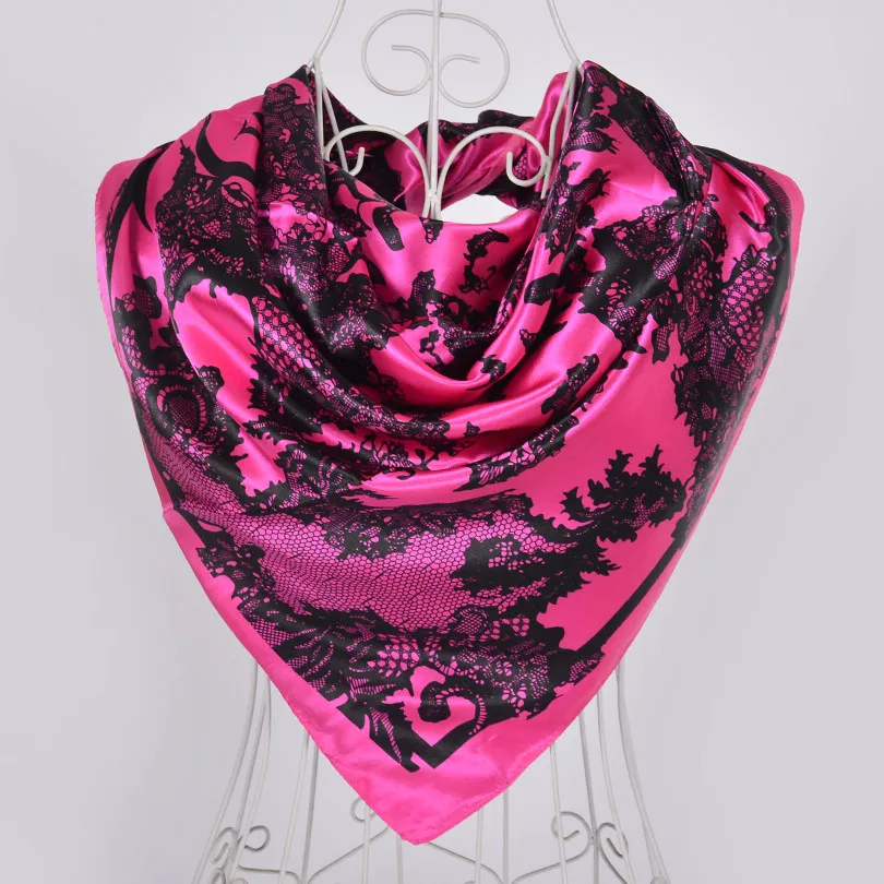 dark pink black Новое поступление женский шелковый шарф, модные аксессуары атласные большие квадратные женский шарф с принтом, дизайн бежевая шелковая шаль 90*90 см - Цвет: dark pink black