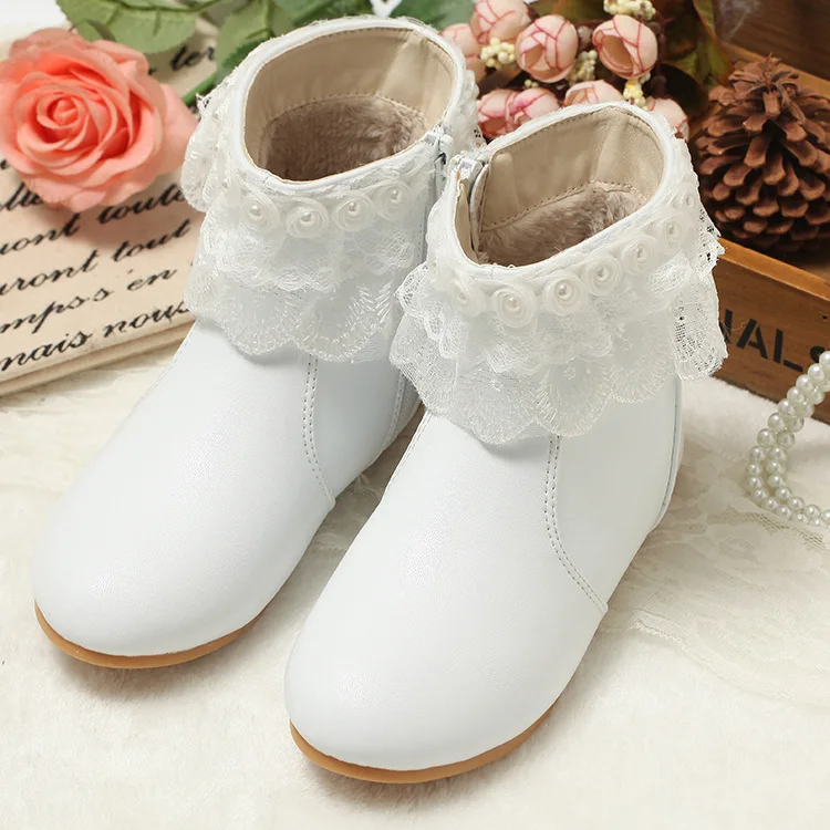 

2017 New Children Princess Lace Snow Boots Kids Anti-Skid Tendon Soles Genunie leather Warm Shoes with fur Princess girls boots