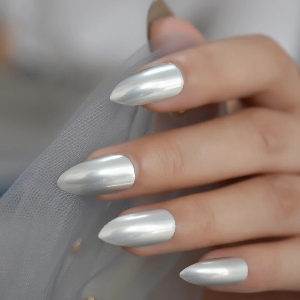 

Накладные ногти матовые серебряные металлические на шпильках, 24 шт.