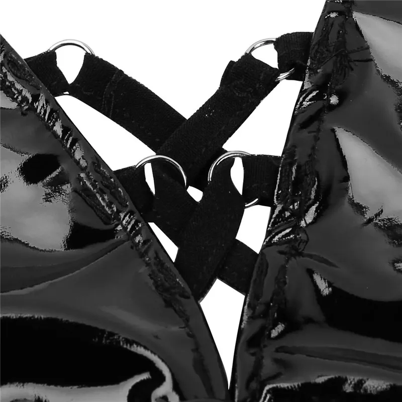 Women One Piece Wetlook Patent Leather Lingerie Cap Sleeves Plunging V Neck Back Cutout Teddy Bodysuit Sexy Clubwear | Спорт и