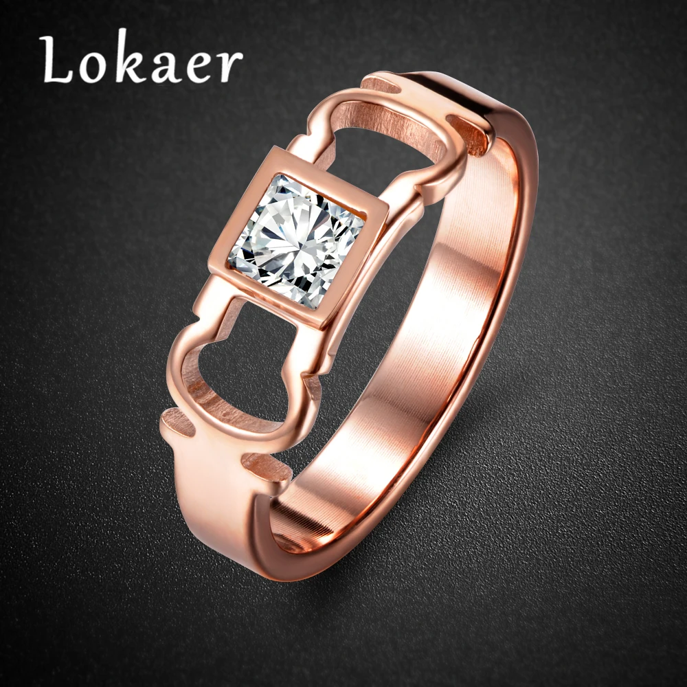 Lokaer модное кольцо цвета розового золота из нержавеющей стали с геометрическим квадратным вырезом 1ct CZ ювелирное Натяжное кольцо для женщин R17034